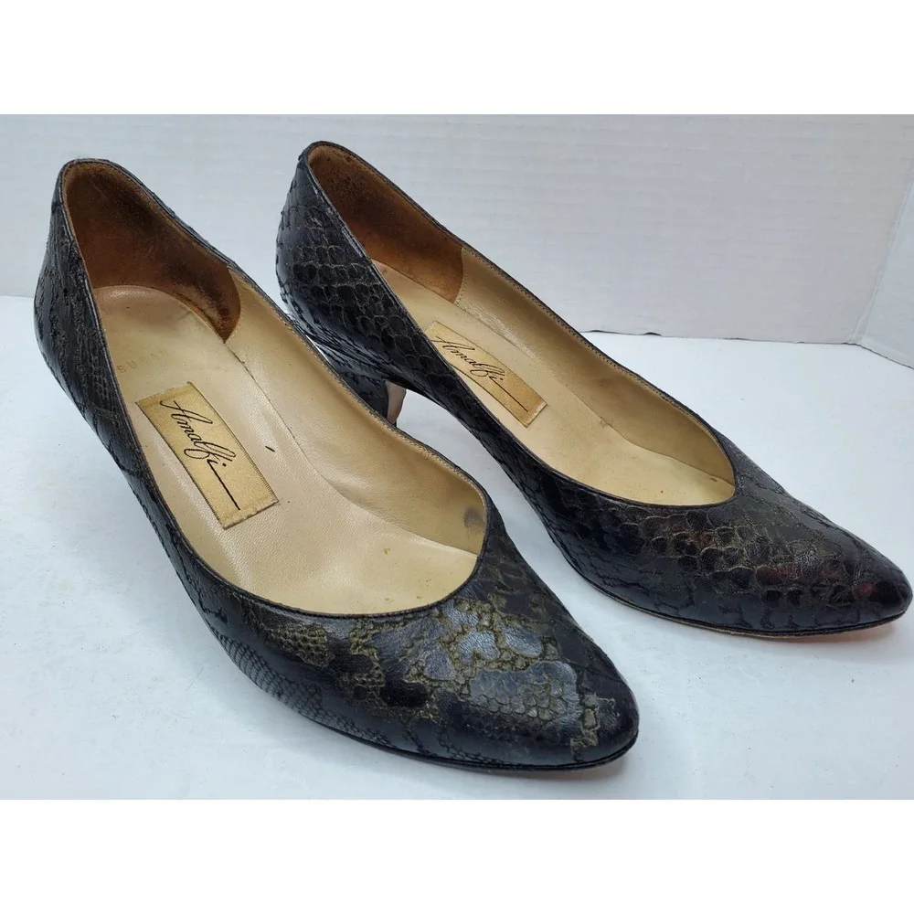 AMALFI Metalic‎ Black Anaconda Leather Pumps Kitten Heels Shoes 8B Italy Y2K